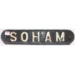 Original cast-iron railway bench seat back sign, "Soham", white on black example, a rare example