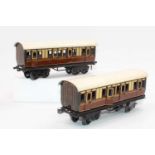 2x 1920s Bing chocolate and cream short bogie GWR coaches with opening doors, roofs would benefit