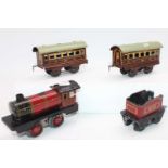 Karl Bub red electric 0-4-0 loco with 4-wheel tender No. 6100 and 2xs brown 4 wheel Pullman