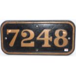 An original No.7248 Class 7200 Locomotive cabside plate, gold on black example, with 4 fixing holes,