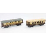 Two Bing Pullman bogie coaches, brown and cream: Plato and Rosemary. Both crazed, one bogie non-