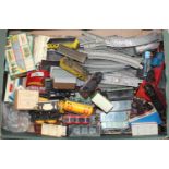 Tray of various OO gauge items: approx. 32 wagons varied makes, some Triang grey based track and