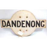 Australian Railway Enamel Station Target Sign, "Dandenong" black on white enamel, the station is a