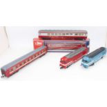 Two locos: Lima O gauge SNCF diesel loco no.67001 and three coaches. Red/white livery. Loco