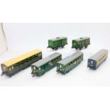 Six French Hornby passenger train vehicles: Voiture No.4 1st/2nd class, green, amended to provide