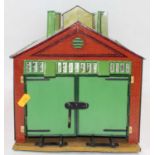 1928-33 Hornby No.2 Engine Shed, yellow/cream base, yellow ridge tiles, inside of doors printed,