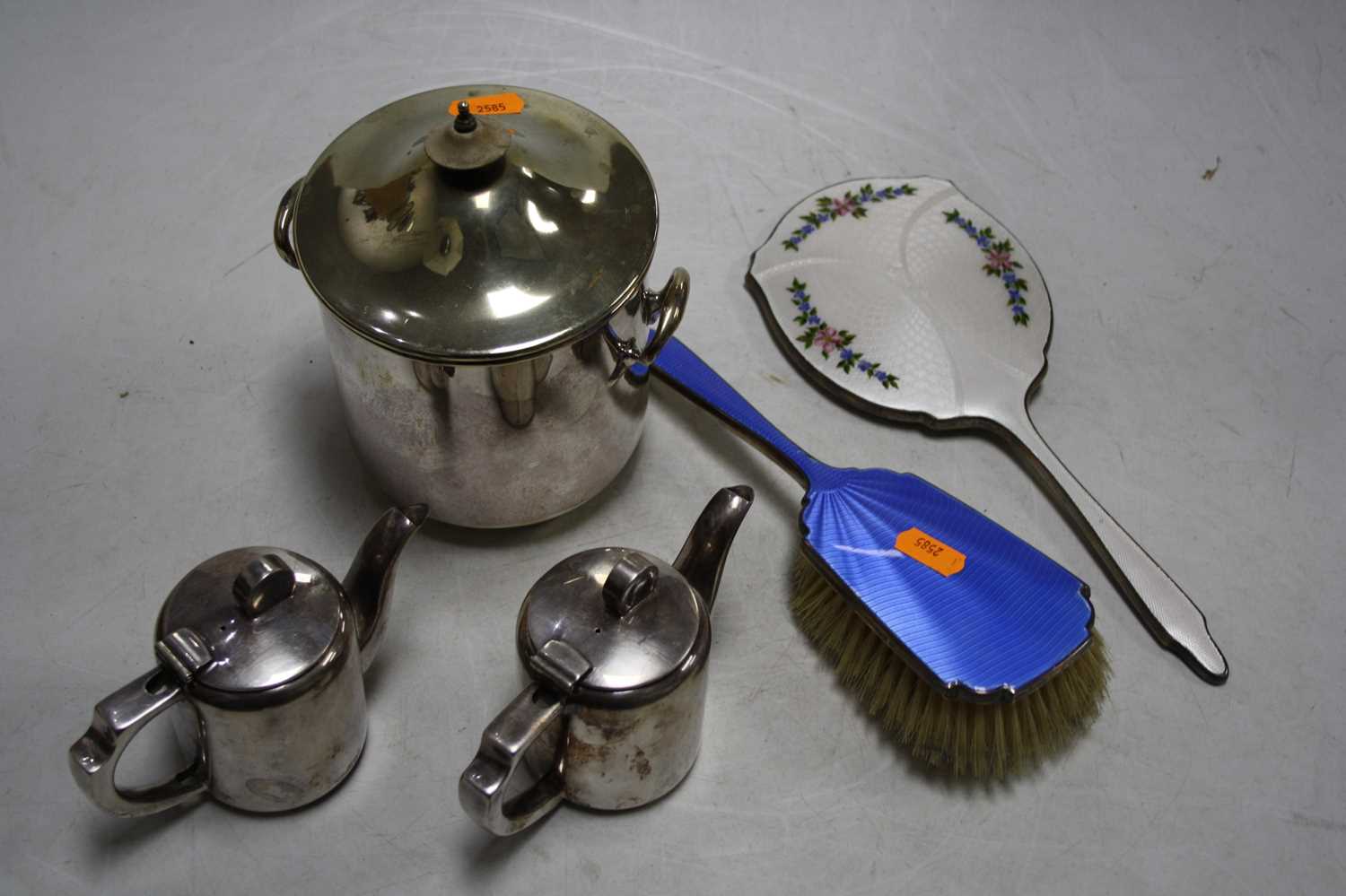 A mid 20th century silver and blue guilloche enamelled hand brush, together with a silver and