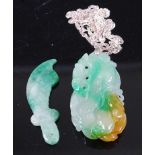 A reproduction carved celadon jade pendant, on white metal necklace, pendant h.5cm; together with