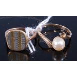 A 9ct gold and cultured pearl set ring; together with a yellow metal signet ring, 5.5g (2)