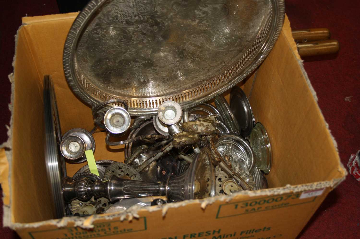 A box of miscellaneous metalware to include Mappin & Webb plated teapot, candlesticks, gallery - Image 2 of 2