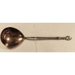 An early 20th century Russian silver anointing spoon, having tear drop shaped gilt washed bowl and