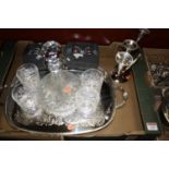 A box of miscellaneous items to include a cut glass decanter and stopper, four cut glass whisky