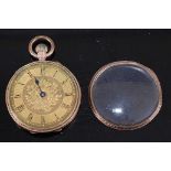 A lady's continental 9ct gold cased open face pocket watch (a/f), having keyless movement and