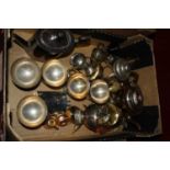 A box of miscellaneous metalware to include pocket hip flask, teapot, spirit burner and a silver