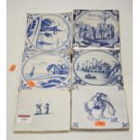 A collection of six 18th century and later Delft tin glazed earthenware tiles, each 13cm square