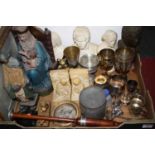 A box of miscellaneous items to include a Parian style portrait bust of Mozart on a socle base,