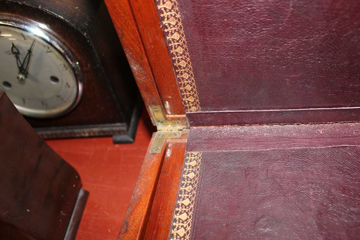 A Victorian mahogany cased writing slope, the lid with brass cartouche opening to reveal a gilt - Image 6 of 10