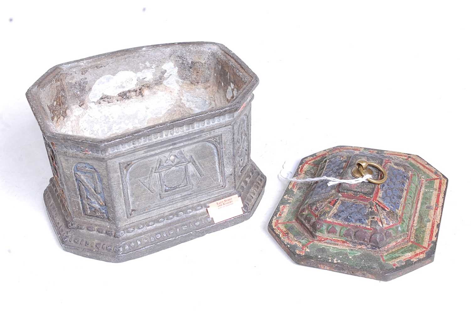 A 19th century pewter tobacco box, the lid with polychromatic decoration, the octagonal body - Image 3 of 3