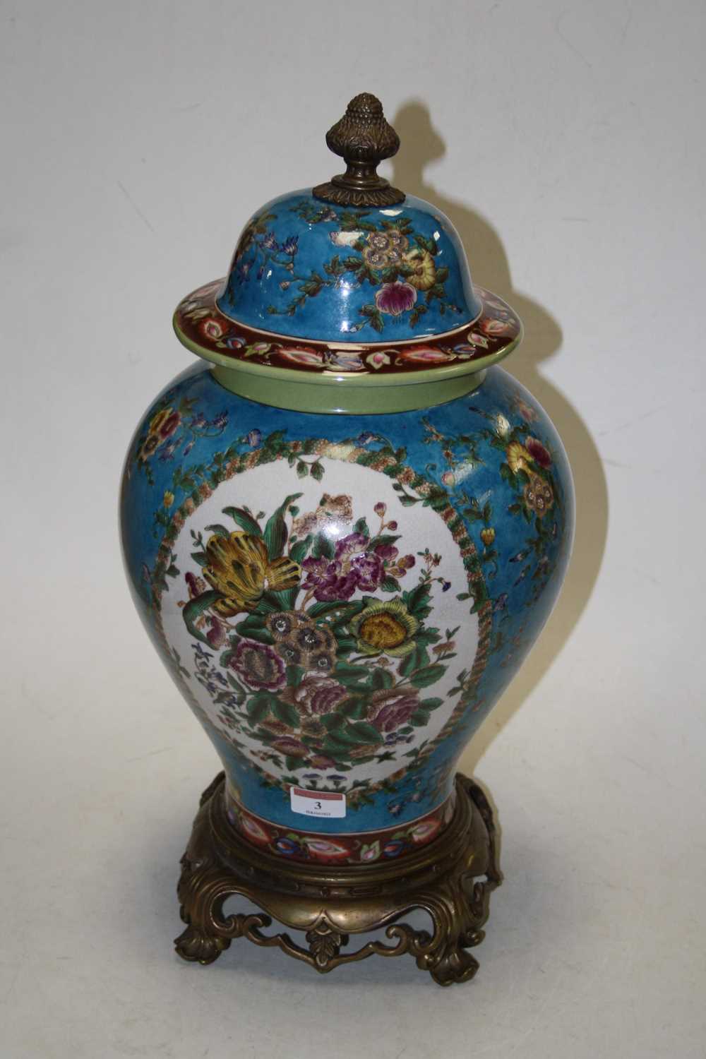 An 18th century style brass mounted jar and cover, of baluster form, with floral decoration, mounted - Image 4 of 7