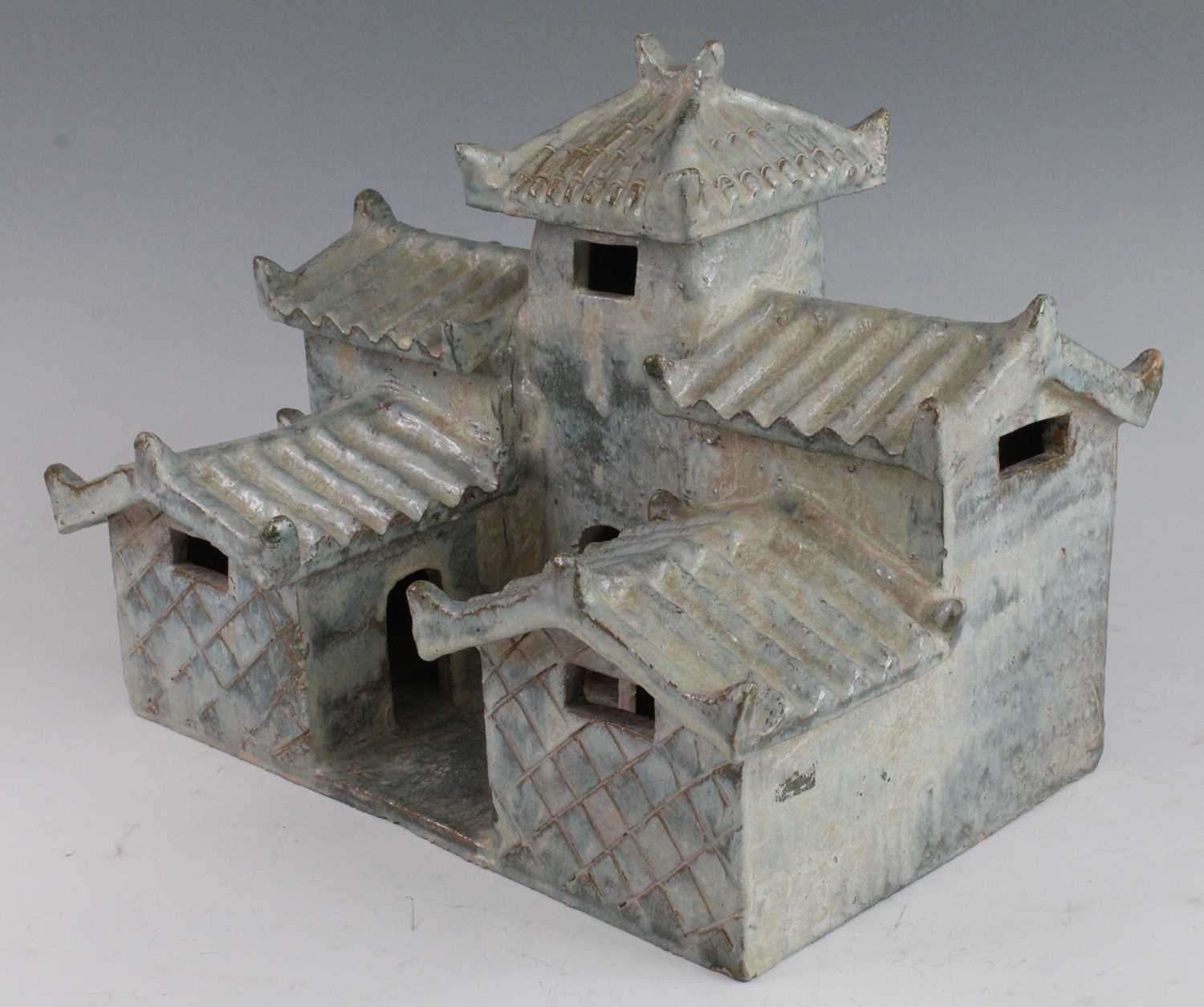 A Chinese green/blue glazed pottery model of a temple, having two tiers each with corrugated style - Image 2 of 5