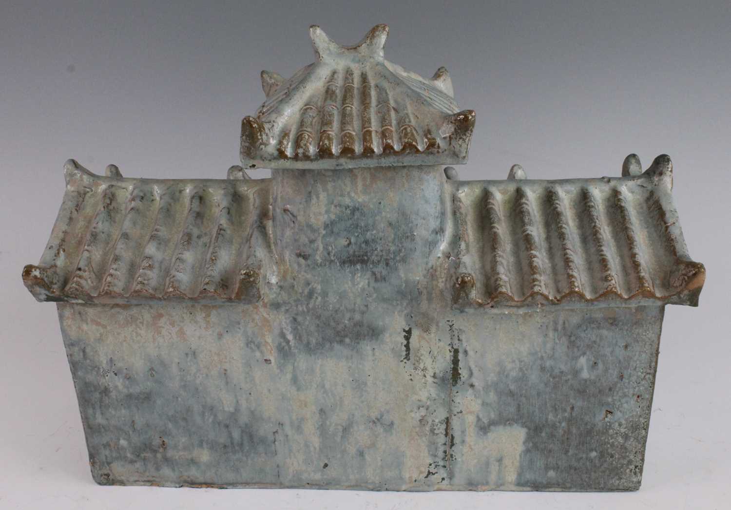 A Chinese green/blue glazed pottery model of a temple, having two tiers each with corrugated style - Image 3 of 5