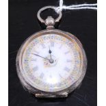 A continental silver gilt cased lady's open face pocket watch, having a jewelled white enamelled
