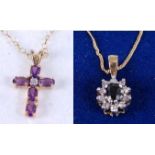 A modern 9ct gold amethyst set cross pendant on finelink neck chain, together with one other blue