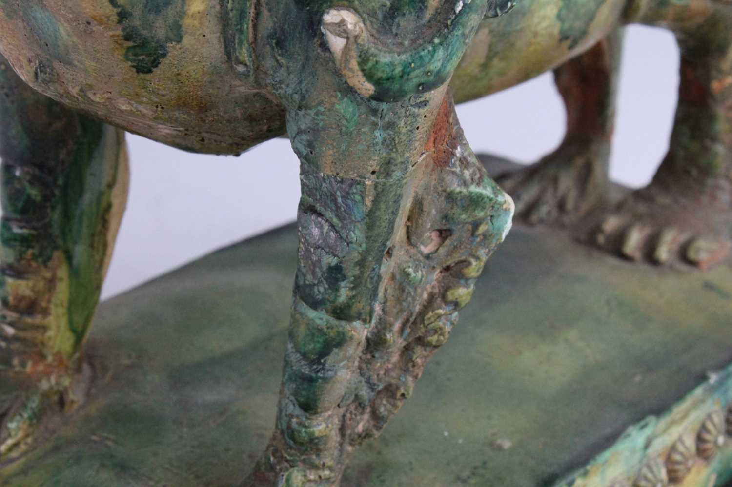 A Chinese green glazed pottery figure of a Fu Lion, modelled in proud standing pose, mounted on a - Image 3 of 12