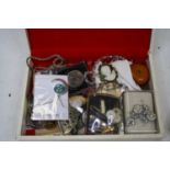 A leather clad jewellery box and contents, to include commemorative crown, part nurse's buckle,