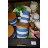 A box containing a collection of various ceramics to include TG Green electric blue striped