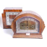 A 1930s oak cased mantel clock, the eight day movement with chimes, the silvered chapter ring