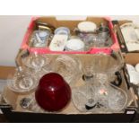 Two boxes containing a collection of various glassware and ceramics, to include a cranberry glass