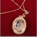 A modern 9ct gold and enamel set picture locket, on finelink neck chain, locket dimensions 27 x