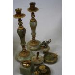 A box of miscellaneous items, to include a pair of onyx and gilt metal mounted table candlesticks,