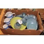 A box containing a collection of various ceramics, to include TG Green Electric Blue striped