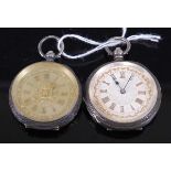 A mid-size silver cased open face pocket watch, having a gilded silvered dial and keywind