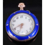 A lady's rolled gold and guilloche enamel cased fob watch, having unsigned white enamel dial and