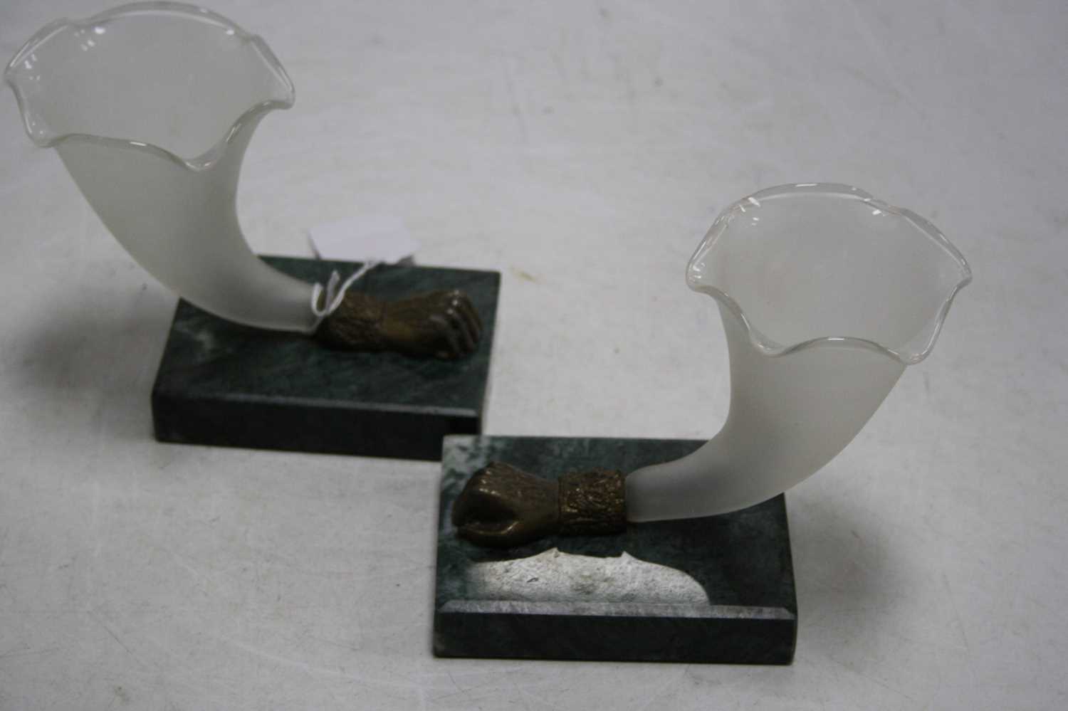 A pair of frosted glass cornucopia vases, each having a shaped bowl with a bronzed metal fist - Image 2 of 2