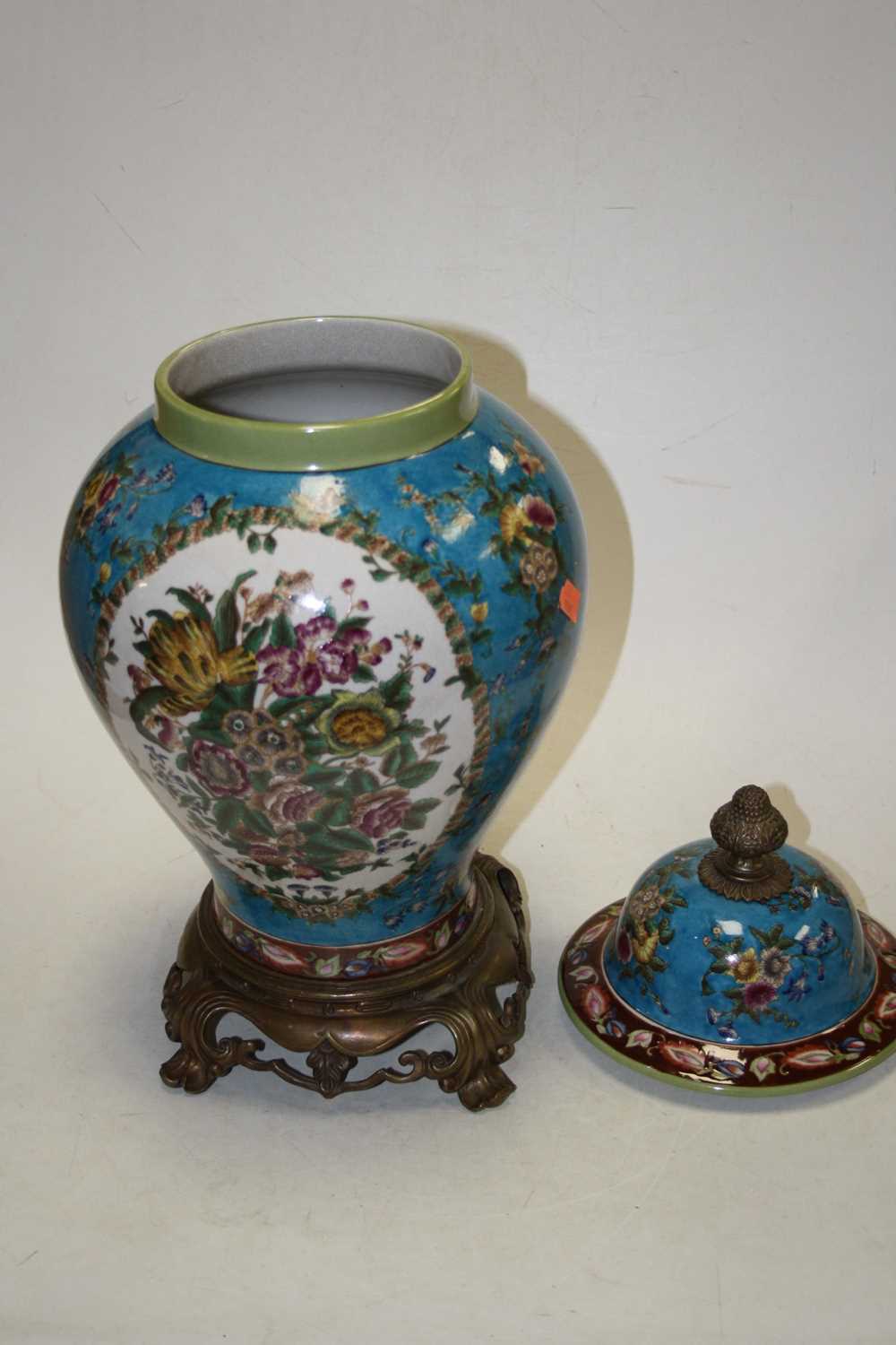 An 18th century style brass mounted jar and cover, of baluster form, with floral decoration, mounted - Image 7 of 7