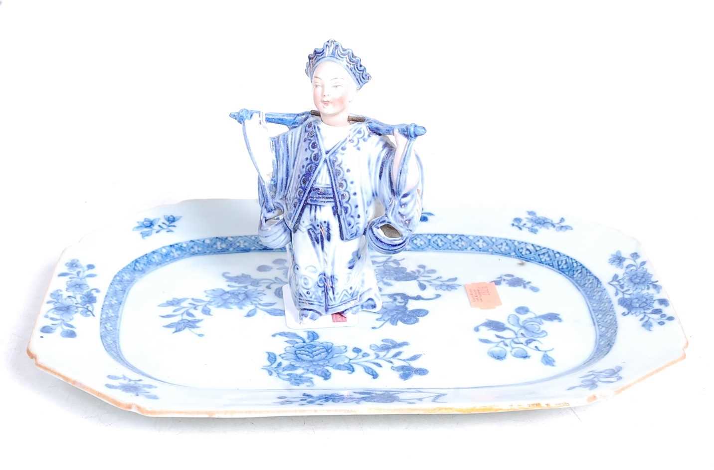 An 18th century Chinese blue and white glazed octagonal dish, with floral decoration within a diaper