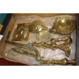 A box containing various brassware, to include a pair of Victorian table candlesticks, h.22cm