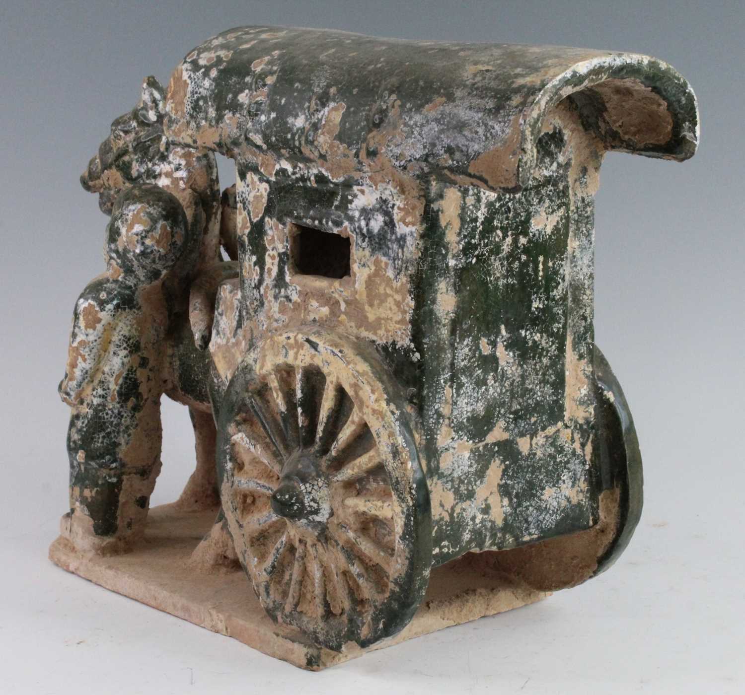 A Chinese green glazed terracotta Mingqi cart, with a single horse flanked by attendants, probably - Image 9 of 9