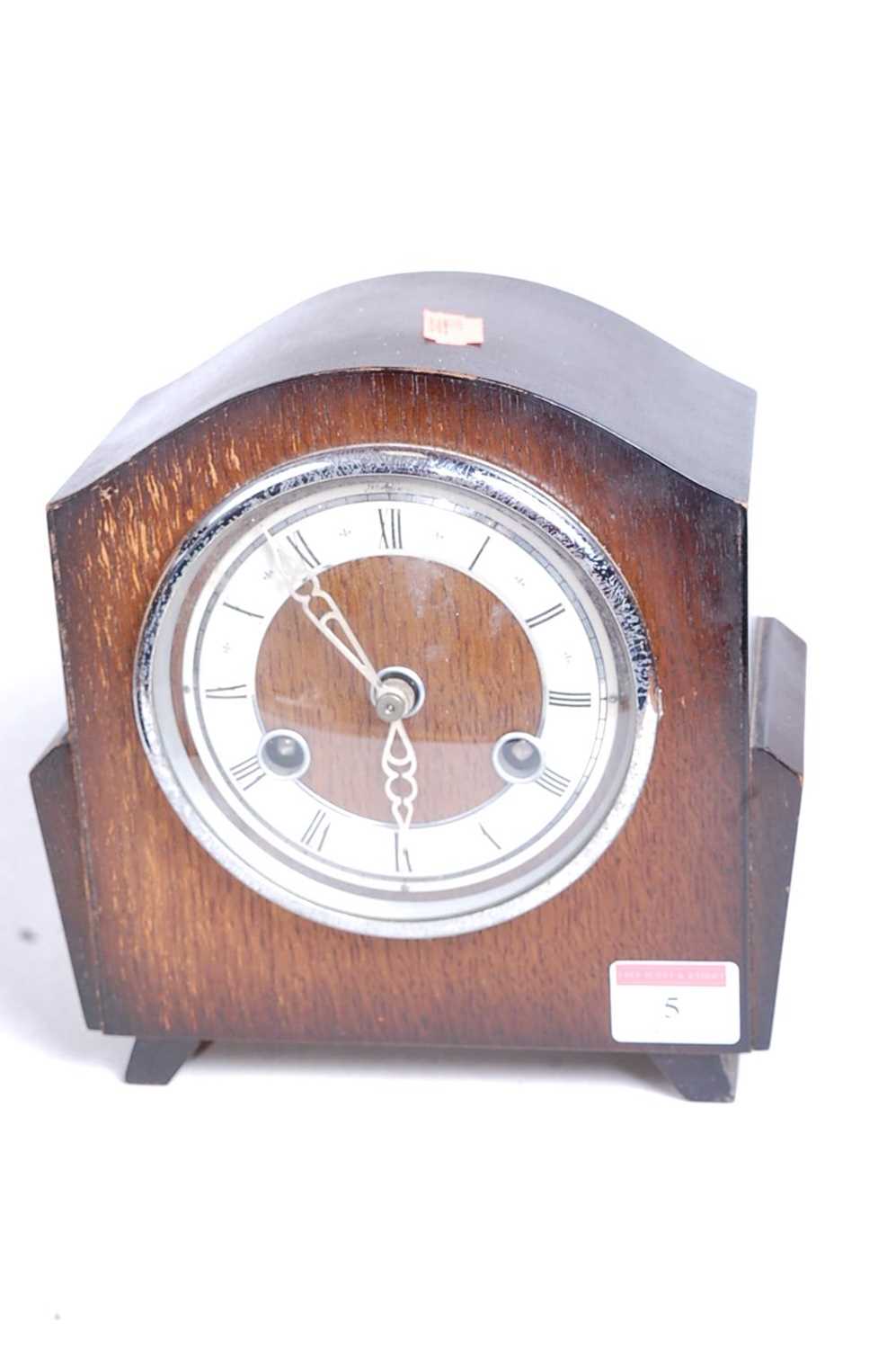 A 1930s oak cased eight-day mantel clock, the chapter ring showing Roman numerals, h.19cm; - Image 3 of 7