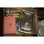 A box of miscellaneous metal wares to include Art Deco style entree dish and cover, silver plated