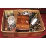 A box containing a collection of various items, to include a Victorian walnut Tunbridge inlaid