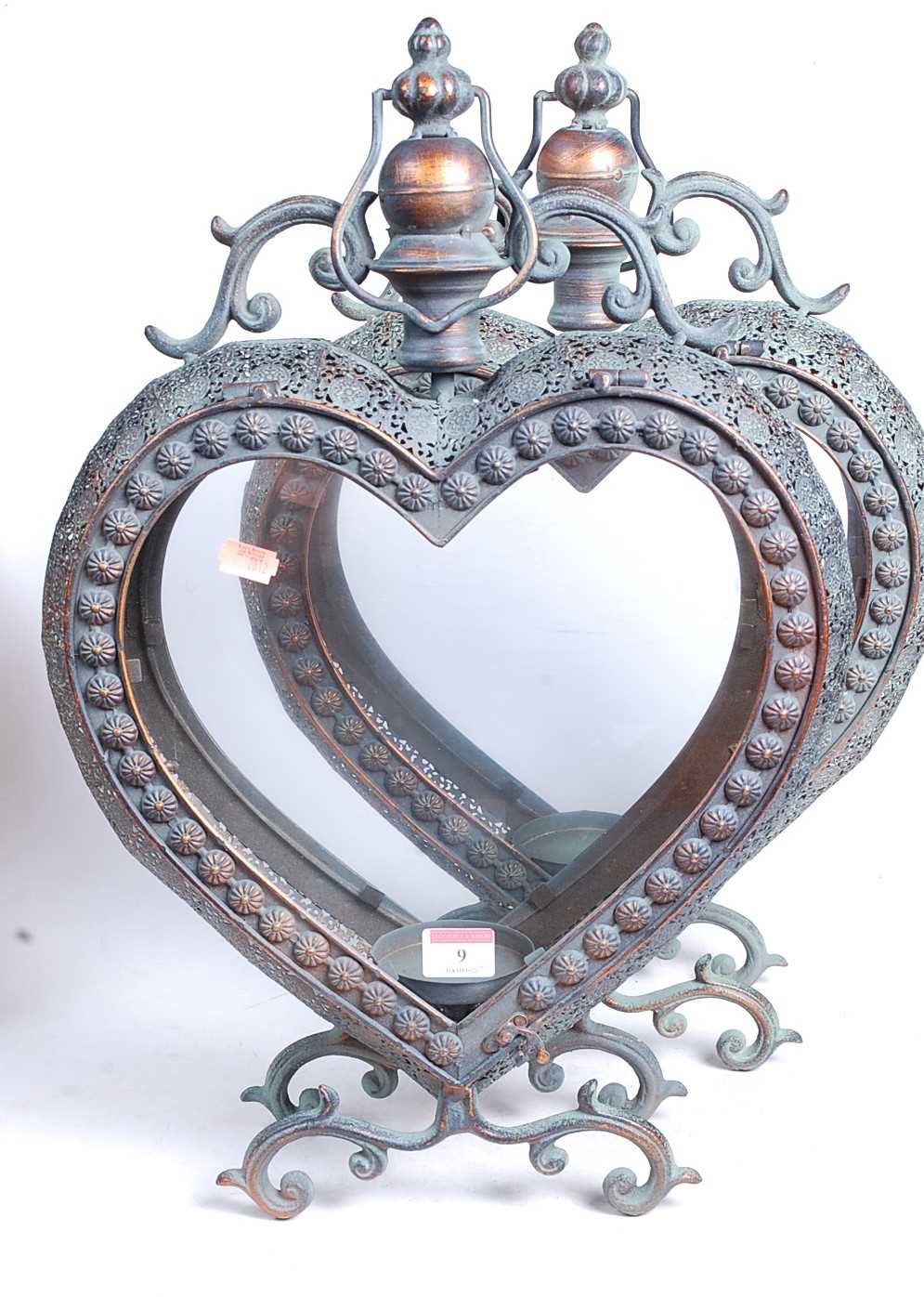 A pair of modern copper-effect heart shaped lanterns, each h.52cm