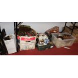 Five boxes of various household items to include various glassware, ceramics, metal wares, treen etc