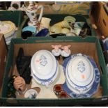 Two boxes containing a collection of various ceramics, to include a Victorian blue and white