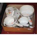 A set of Aluminite Frugier of Limoges, France, saucepans, decorated with wildfowl