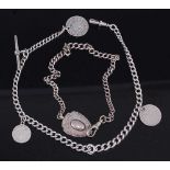 A silver curblink watch chain, with fob pendant; together with one other having T bar and three coin